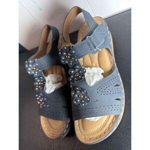SHIBEVER Floral Rhinestone T-Strap Sandals Blue EU 41 Womens